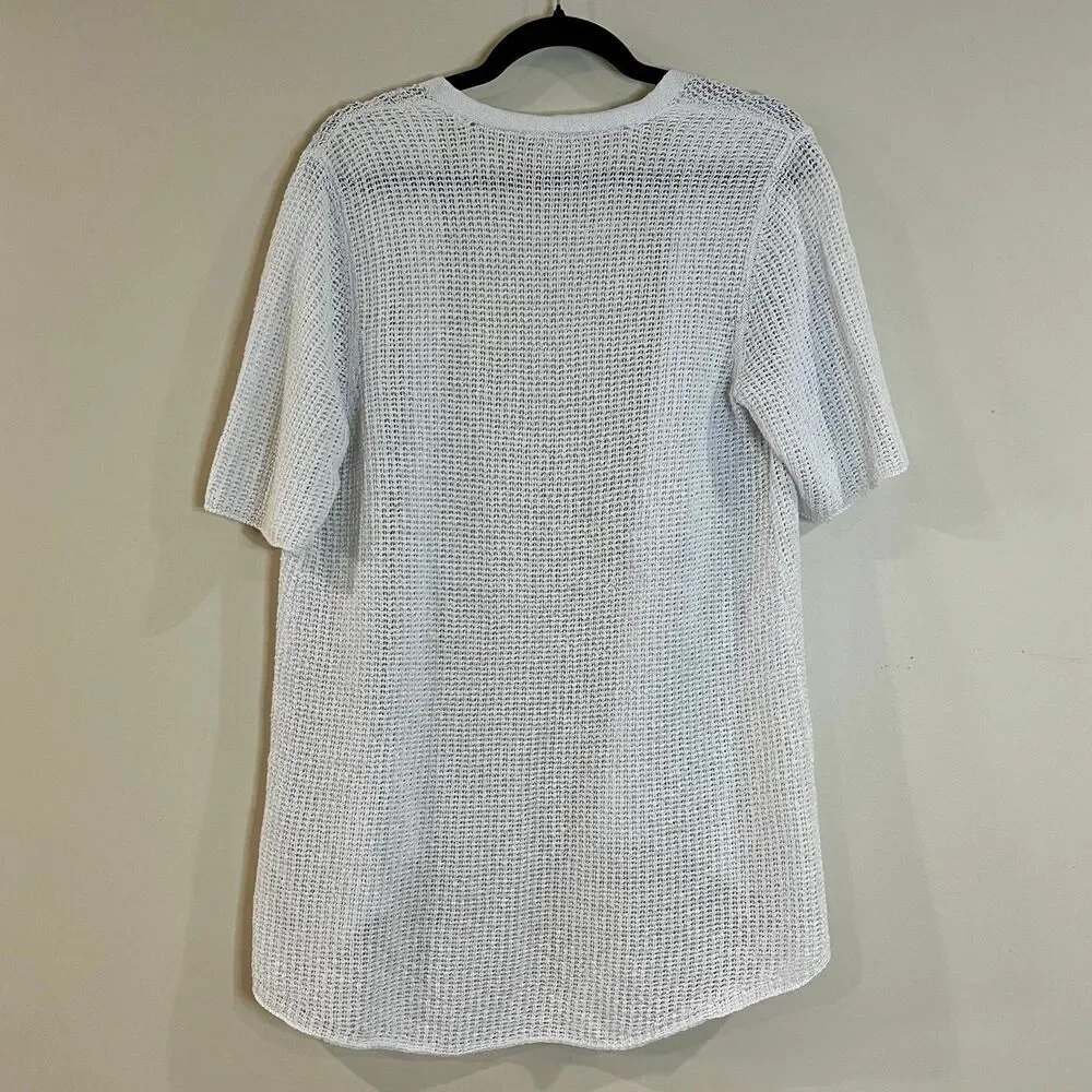 Eileen Fisher Organic Linen Open Knit White Short Sleeve Cardigan Lightweight M